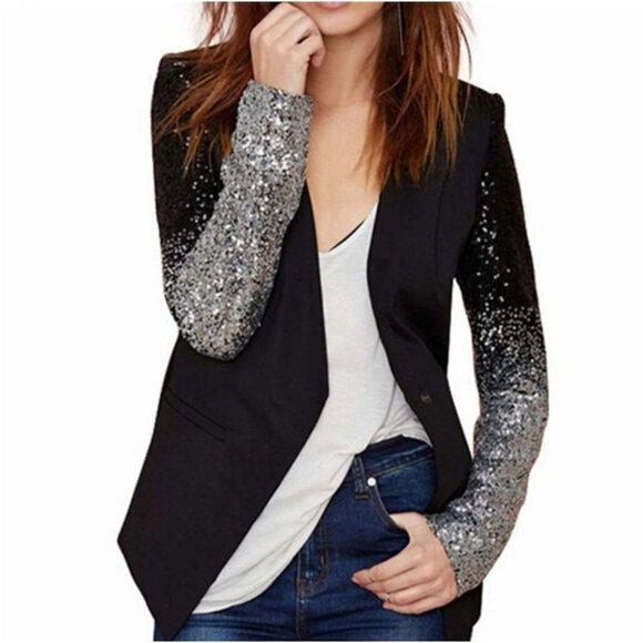 HAODUOYI Jackets & Blazers - Haoduoyi Womens Long Sleeve V-Neck Sequins Blazer Black Sz S